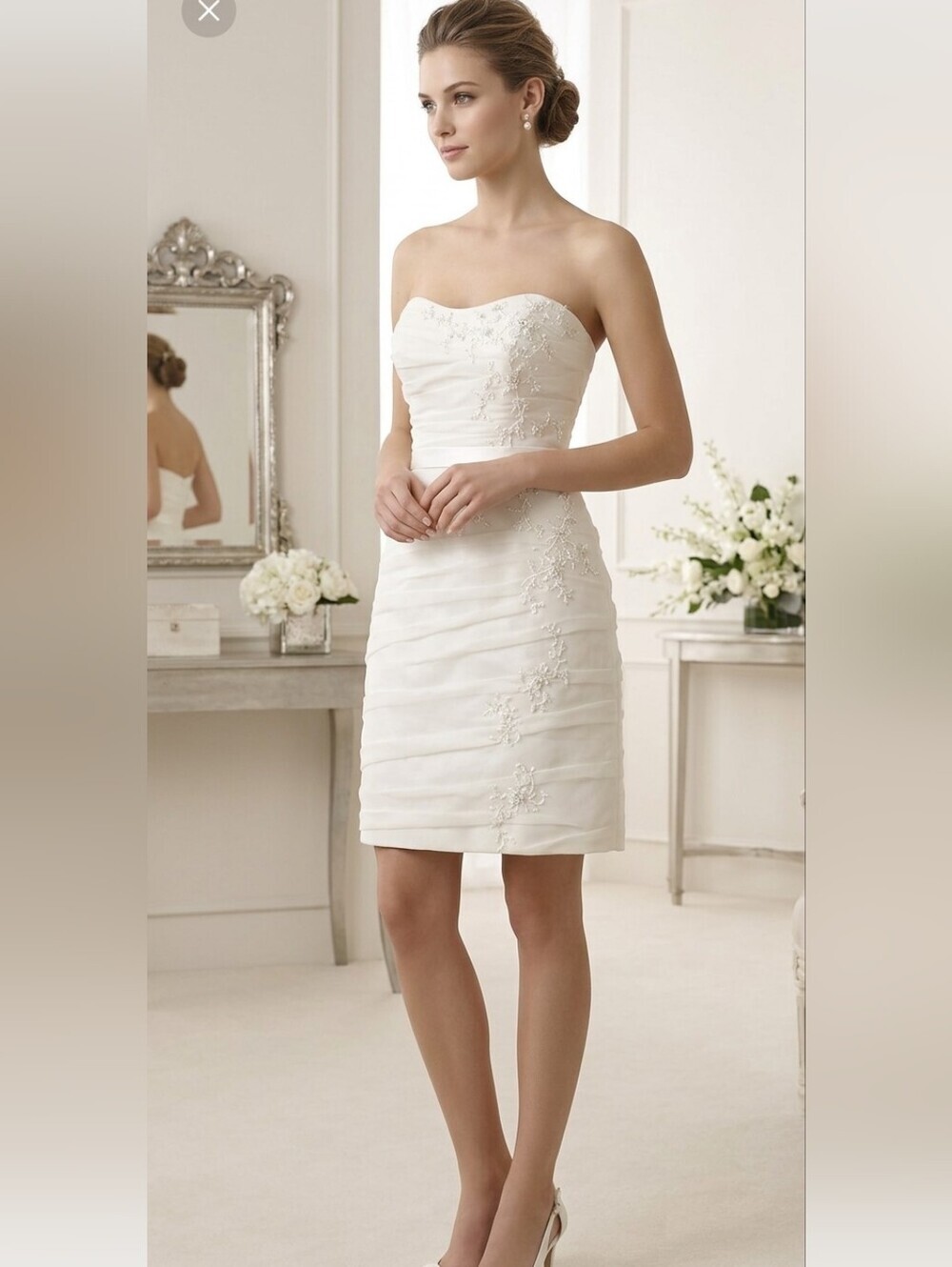 David's Bridal Cream Strapless Dress with Floral Embroidery
